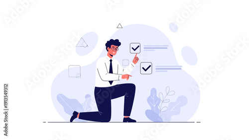 Businessman checking off tasks on a list, modern flat illustration