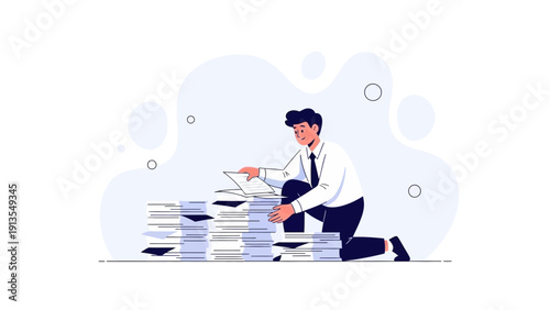 Businessman organizing stacks of documents and paperwork on a desk.