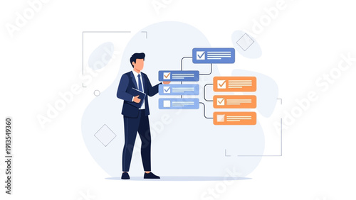 Businessman planning workflow, flowchart, task management, strategy, business concept