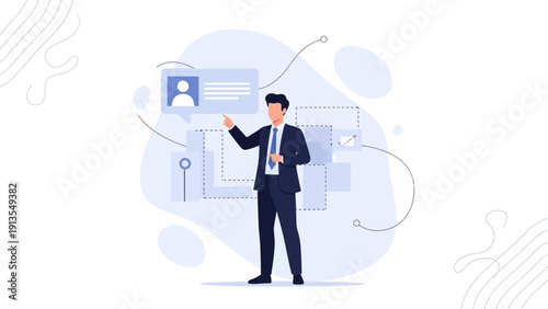 Businessman presenting digital profile interface with data visualization elements
