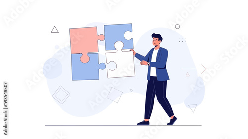 Man assembling puzzle pieces, teamwork, strategy, problem solving, business concept