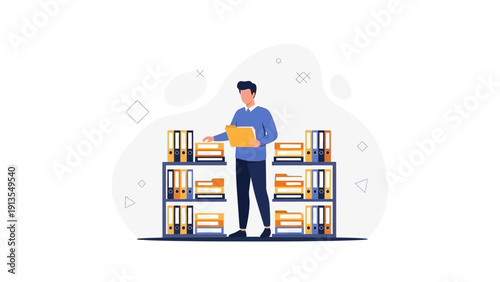 Man Organizing Files in a Shelf with Binders and Folders, Business Document Management
