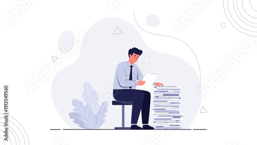 Man Sitting at Stack of Documents, Paperwork Overload, Office Work