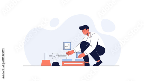 Man Working on Mechanical Device with Data Display