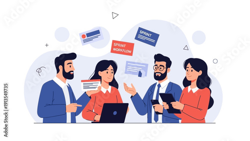 Agile team collaborating on project, sprint planning with sticky notes and laptop