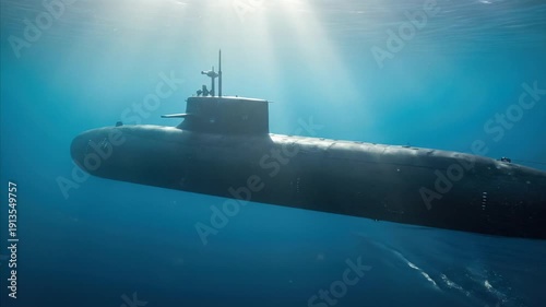 Underwater Submarine Sailing in Deep Blue Ocean with Sun Rays