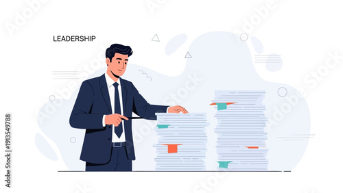 Business leader with stack of documents, leadership concept illustration