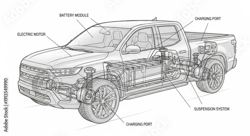 Detailed illustration of a pickup trucks internal mechanics and systems.