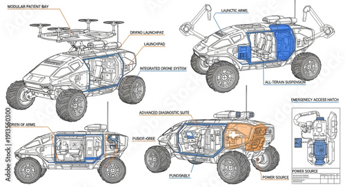 Detailed technical drawing of a military reconnaissance vehicle.