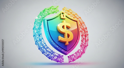 Rainbow shield with dollar sign and lock on gradient background symbolizing financial security and protection