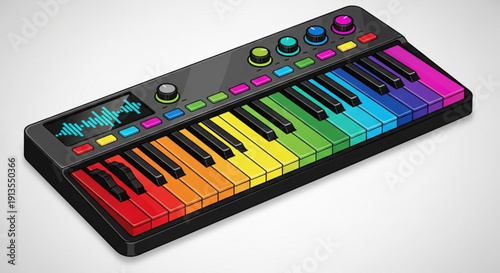 Colorful electronic keyboard with rainbow piano keys and control buttons on a gray background for music production and creative composition