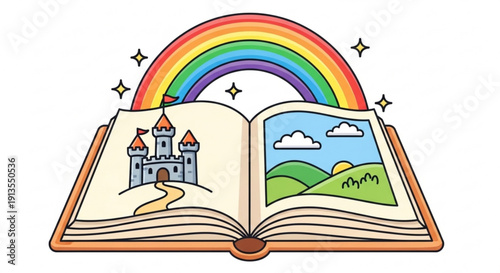 Open book with fantasy castle and rolling hills illustration under rainbow with sparkling stars on white background