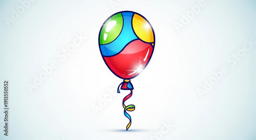 Colorful balloon with vibrant red blue green and yellow patches floating against a soft white background with twisted ribbon