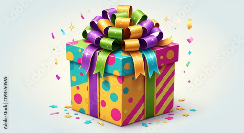 Vibrant gift box with colorful bow and confetti symbolizing celebration and surprise