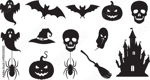 Comprehensive halloween vector graphics collection silhouette elements for spooky themed design projects scalable icon set silhouette vector illustration white background