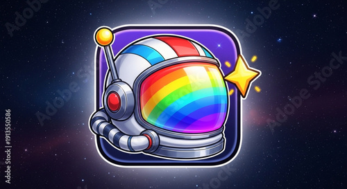 Colorful astronaut helmet with rainbow visor in space with star