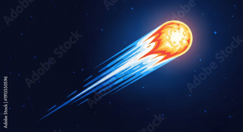 Glowing meteor or comet streaking through dark space with fiery orange and blue trails celestial body astronomy concept