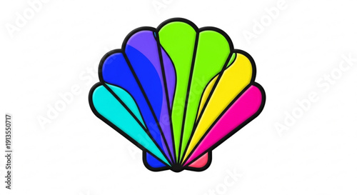 Vibrant rainbow colored scallop shell illustration with black outline on white background symbolizing diversity and inclusivity