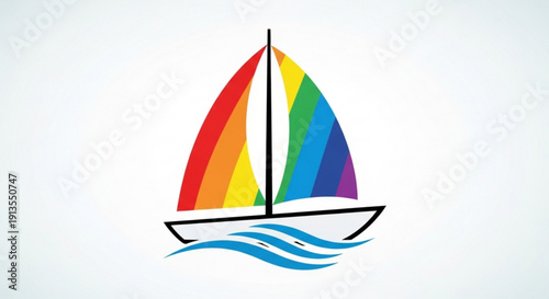 Rainbow sailboat on water with vibrant colors and lgbtq symbol on a white background