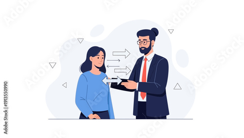 Business Meeting: Man Explaining, Woman Listening, Arrows Show Communication