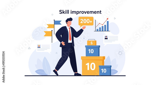 Businessman achieving skill improvement and growth with 200+ knowledge