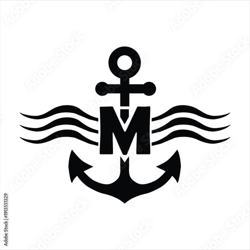 Marine shipping business monogram logo with anchor, waves, and letter M.