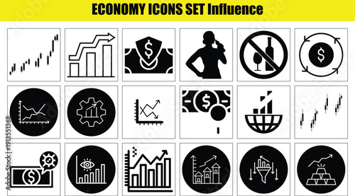 Economy business icons set with graphs charts and money symbols for finance and commerce use