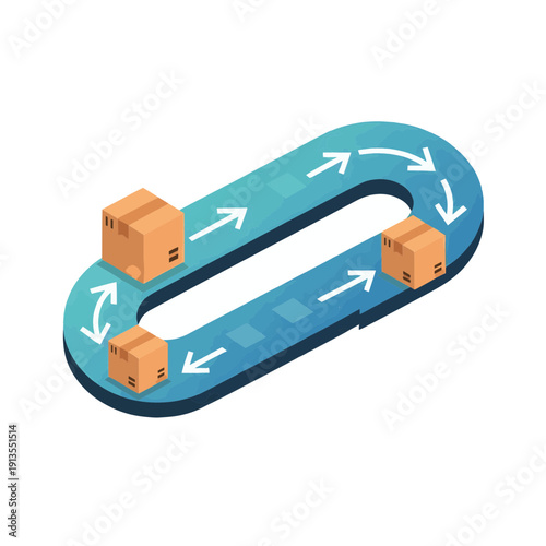 Automated conveyor belt system moving cardboard boxes in a circular logistics and delivery process