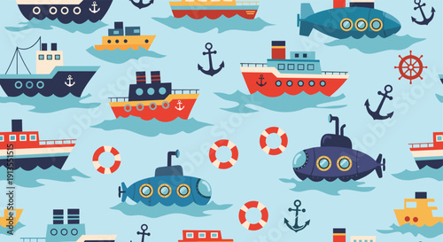 Nautical seamless pattern for children shows various colorful ships, submarines, anchors, lifebuoys, and wheels on blue water background.