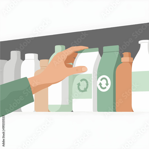 Hand reaching for a sustainable product on a shelf, symbolizing eco-friendly choices and conscious consumption