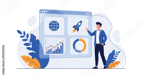 Professional businessman pointing at data charts and rocket icon on a large digital screen for business growth analysis and presentation.