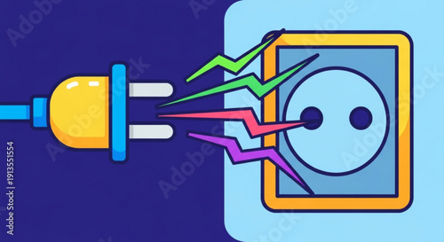Electric plug connecting to a socket with colorful sparks flying out symbolizing energy and power surge