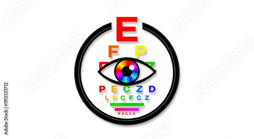 Colorful eye chart logo with rainbow iris and multicolored letters in black circle on white background for vision testing