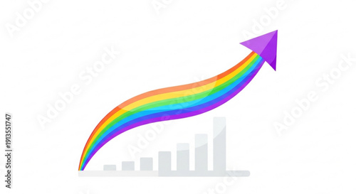 Vibrant rainbow arrow graph showing growth and success with urban skyline background