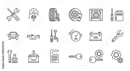 Collection of automotive service and repair icons in a hand-drawn sketch style.
