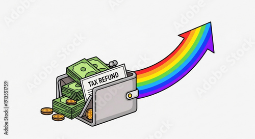 Tax refund concept with wallet cash and rainbow arrow symbolizing financial growth and prosperity