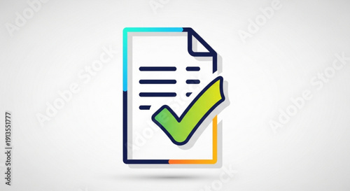 Checklist document icon with green checkmark for approval and verification on a white background