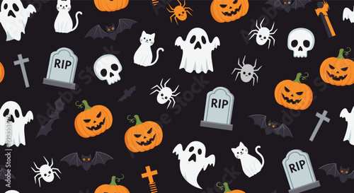 Spooky seamless Halloween pattern featuring pumpkins, ghosts, bats, skulls, spiders, and gravestones on dark background for party.