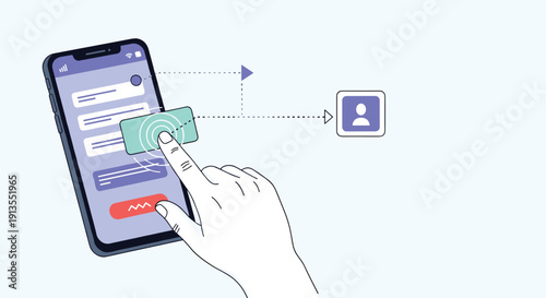 Human hand touching a screen of a mobile phone to fill out a digital user registration form on a light blue background.