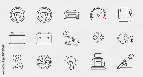 Collection of car parts and symbols line art icons.