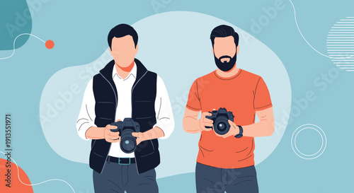 Two professional male photographers standing together holding their digital cameras against an abstract blue and white background.