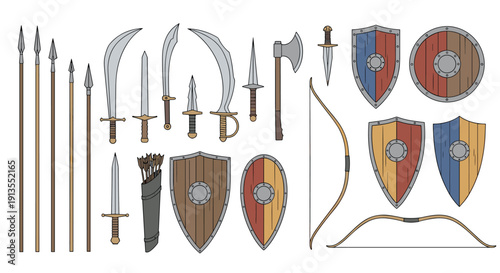 Comprehensive collection of medieval historical weapons including various swords, shields, spears, and bows with arrows in a quiver.