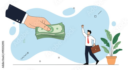 Concept of success and bonus showing a giant hand giving a large stack of money to a happy businessman celebrating his achievement.
