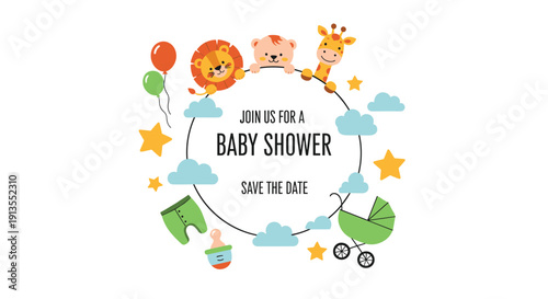 Baby shower invitation card with cute animal characters and stars and balloons around a circular frame for saving the event date.