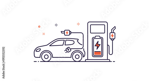 Simple line icon of an electric car charging at a power station representing green energy and sustainable transportation technology.