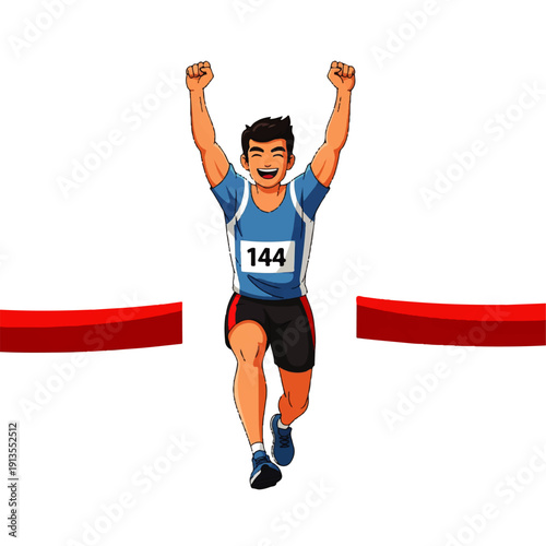 A cheerful male runner crosses the finish line with arms raised in victory, celebrating his success in a race. Cartoon illustration on white background.
