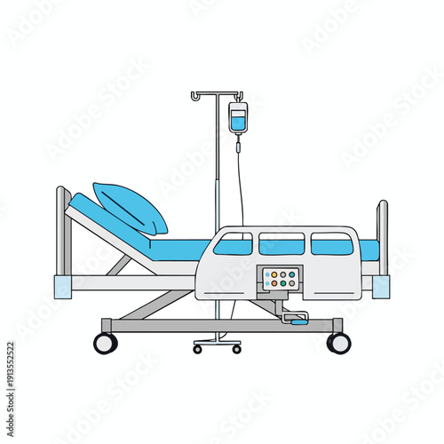 Modern Adjustable Hospital Bed with IV Drip Stand Illustration
