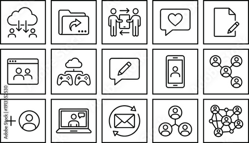 Cad drawing flat vector illustration of social networking line icon set featuring cloud sharing, digital communication, online community, mobile connectivity, and global team collaboration symbols.