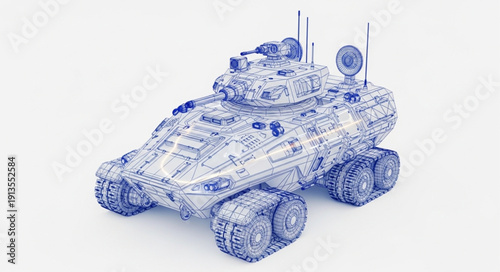Armored vehicle made of intricate blue patterns and lines.