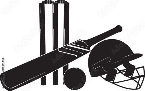Professional cricket sports equipment silhouettes including bat ball stumps and helmet isolated on white background